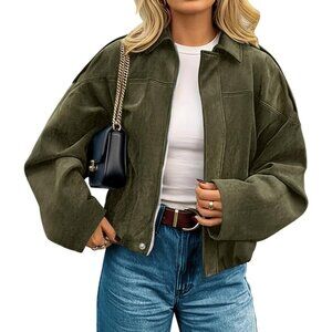 Women's Faux Suede Jackets Fall Coat Clothes Open Front Cropped Jacket Green